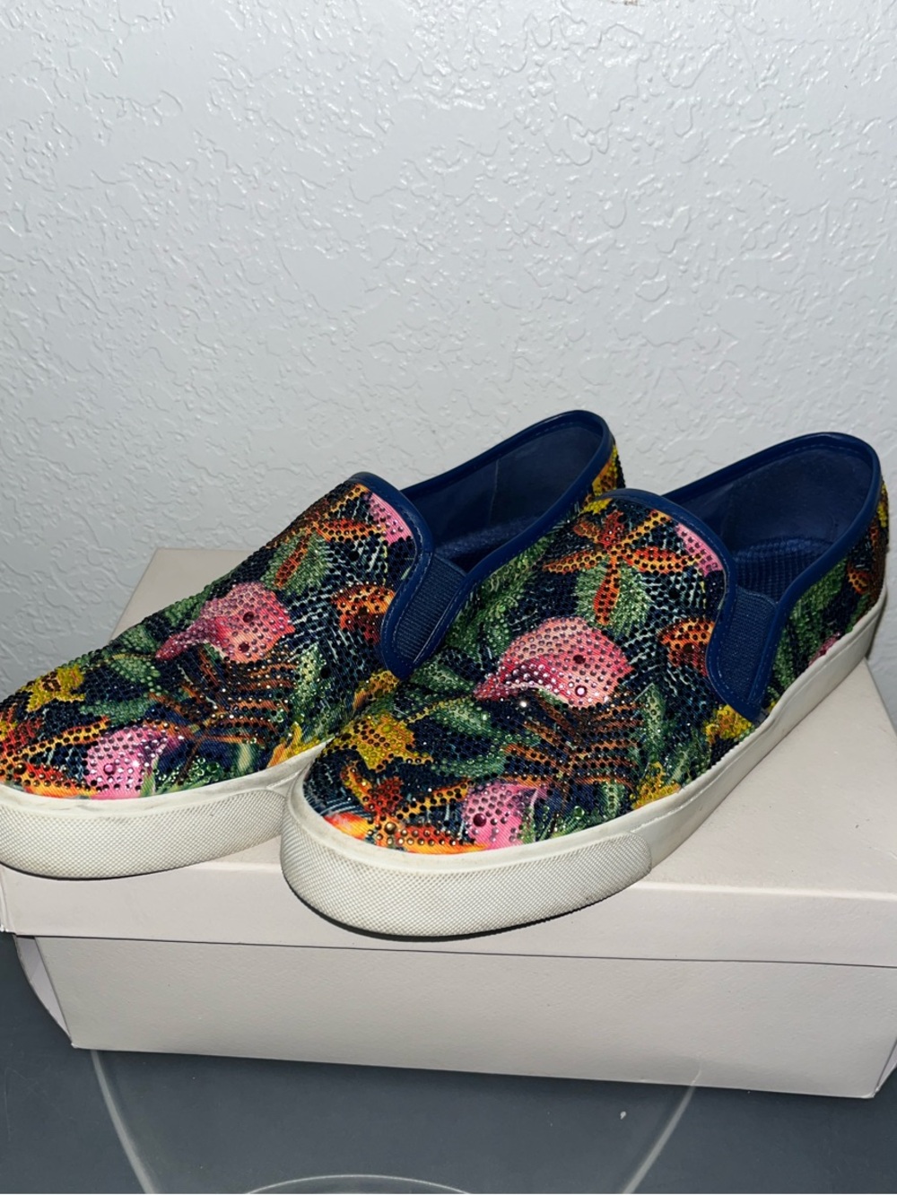 Alex Marie Floral Rhinestone Slip-On Sneakers in Navy, Pink, Green, Yellow